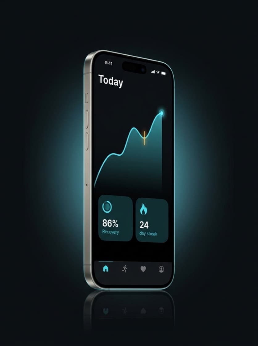 Compound app on iPhone showing the Today screen with a recovery trend, 86% recovery and a 24 day streak